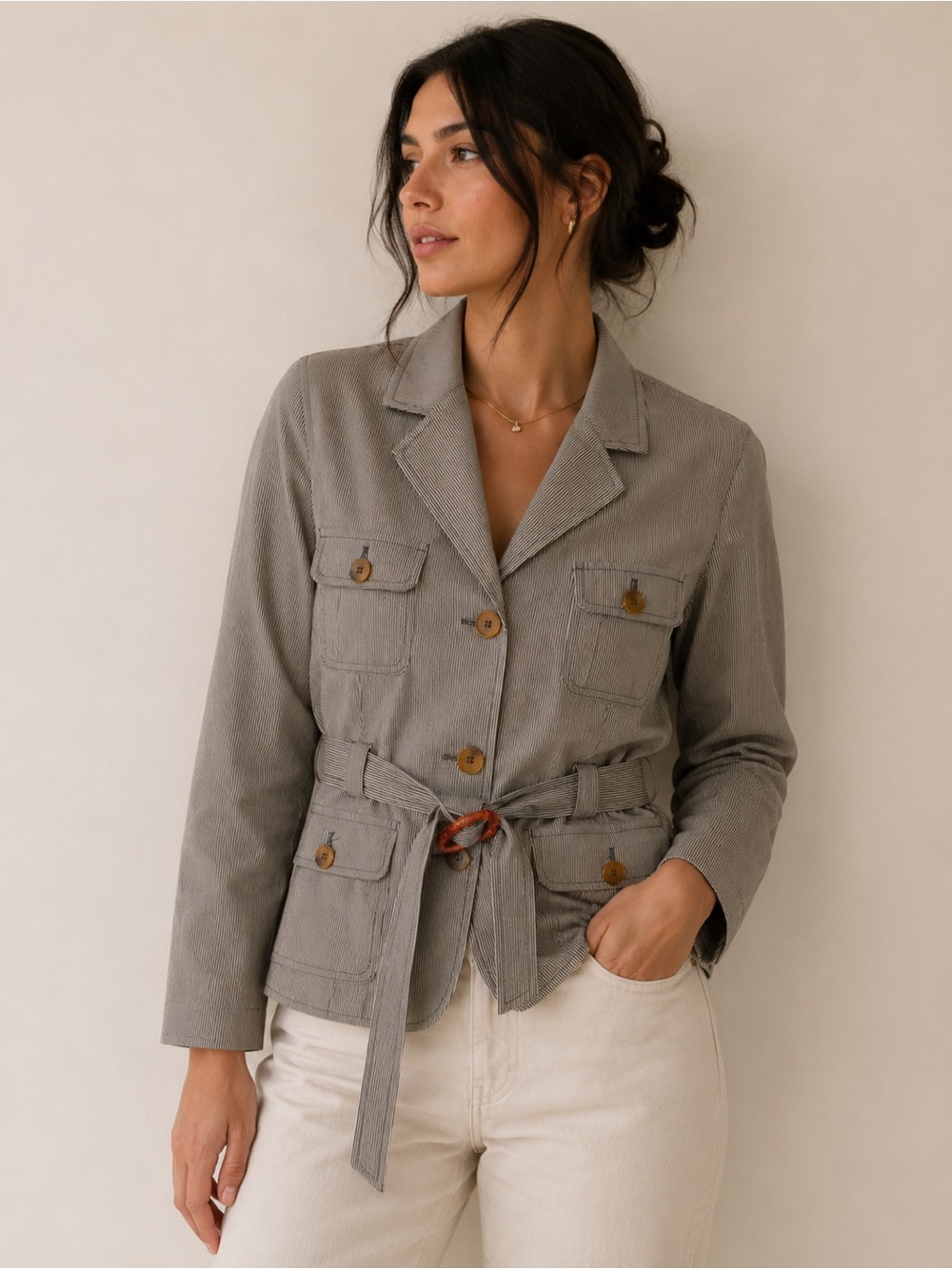 Allegory Gray Pinstripe Utility Belted Safari Jacket Size 10
